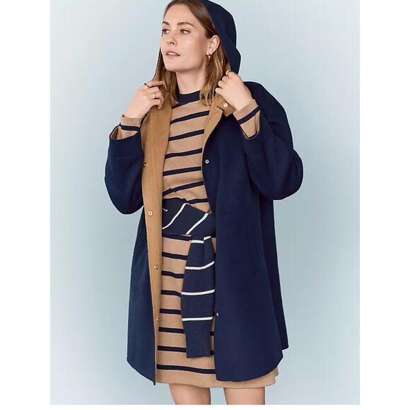 NWOT Ann Taylor Hooded Duffle Coat REVERSIBLE Tan Blue Small - Picture 1 of 7